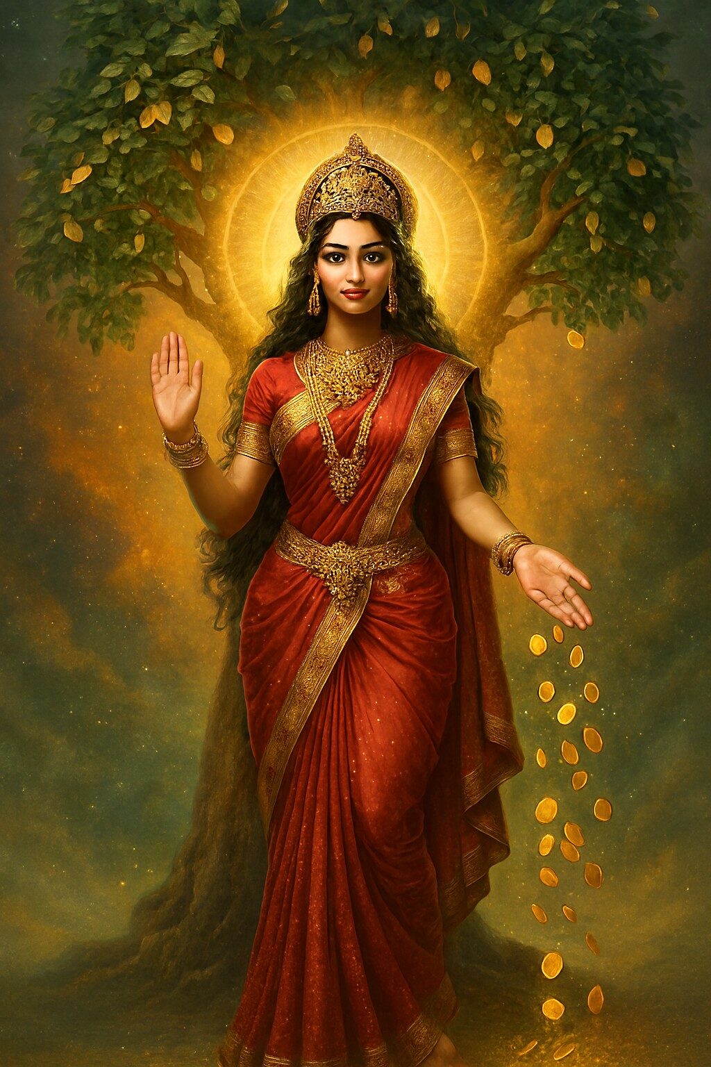 Dhanada Ratipriya Yakshini who is a young beautiful woman in red Indian saree. She has glimpse of a goddess who is blessing money. Give divine background with kalpvrisha.
