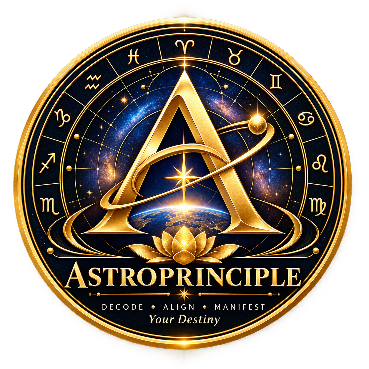 AstroPrinciple - The mark represents AstroPrinciple and its association with astrology, celestial influences, personal guidance and the understanding of destiny. The central letter “A” represents AstroPrinciple. The twelve zodiac symbols represent the astrological zodiac, while the concentric rings and orbital element represent the relationship between celestial bodies, the universe and human life. The radiant star represents insight, guidance and discovery. The representation of the Earth signifies human life and worldly experience, and the lotus represents growth, transformation and the development of personal potential. The circular form represents wholeness, continuity and the interconnected nature of life and the cosmos
