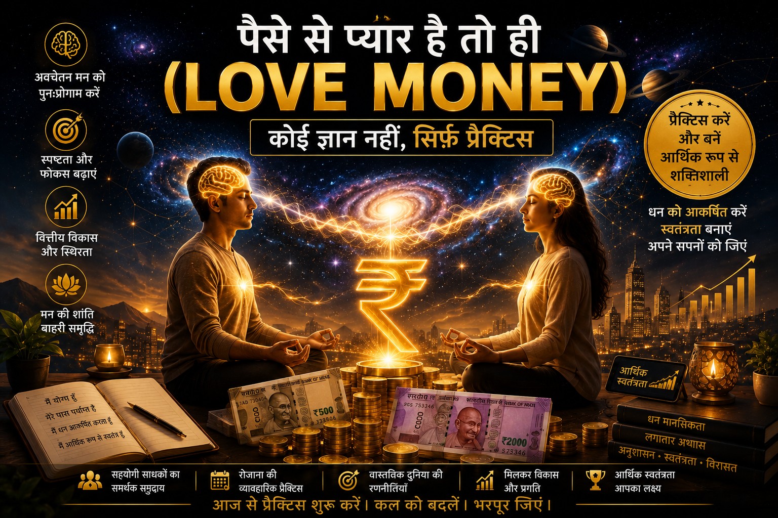 Love Money Weekend Hindi promotional banner featuring a meditating man and woman, glowing ₹ symbol, Indian currency, wealth imagery, and Hindi messaging about practising money consciousness, financial growth and abundance. 