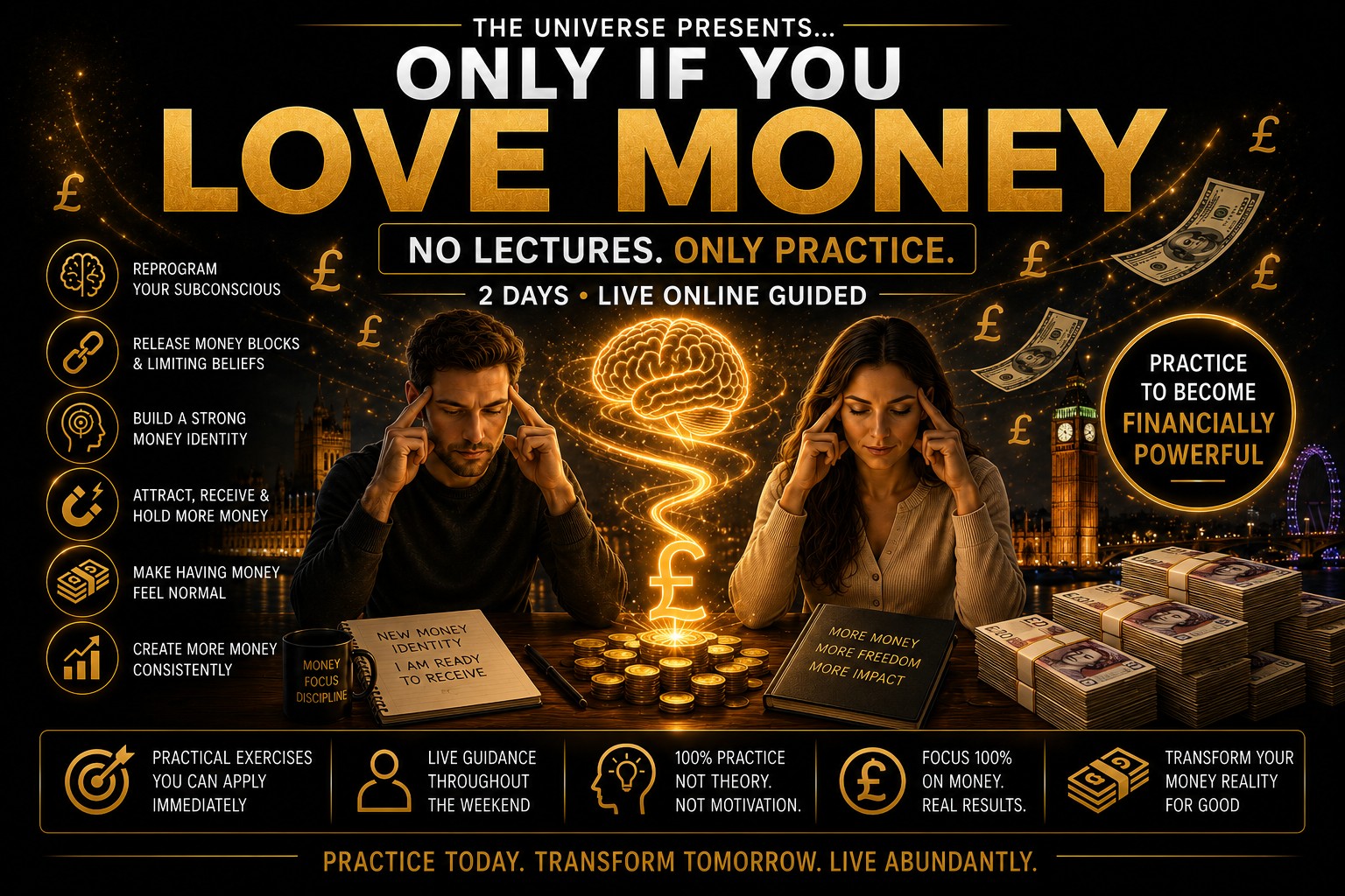 Love Money Weekend UK promotional banner with a black and gold design, British pound symbols, London skyline, practical money exercises, subconscious reprogramming, and live online guided practice.