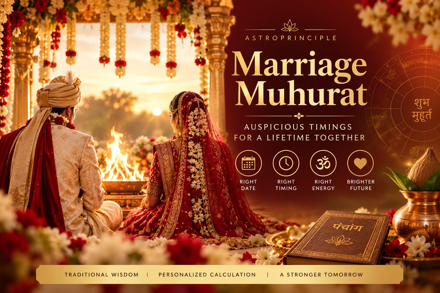 Traditional Hindu wedding ceremony with bride and groom at the sacred fire, representing personalised Marriage Muhurat and auspicious Vivaha timing.