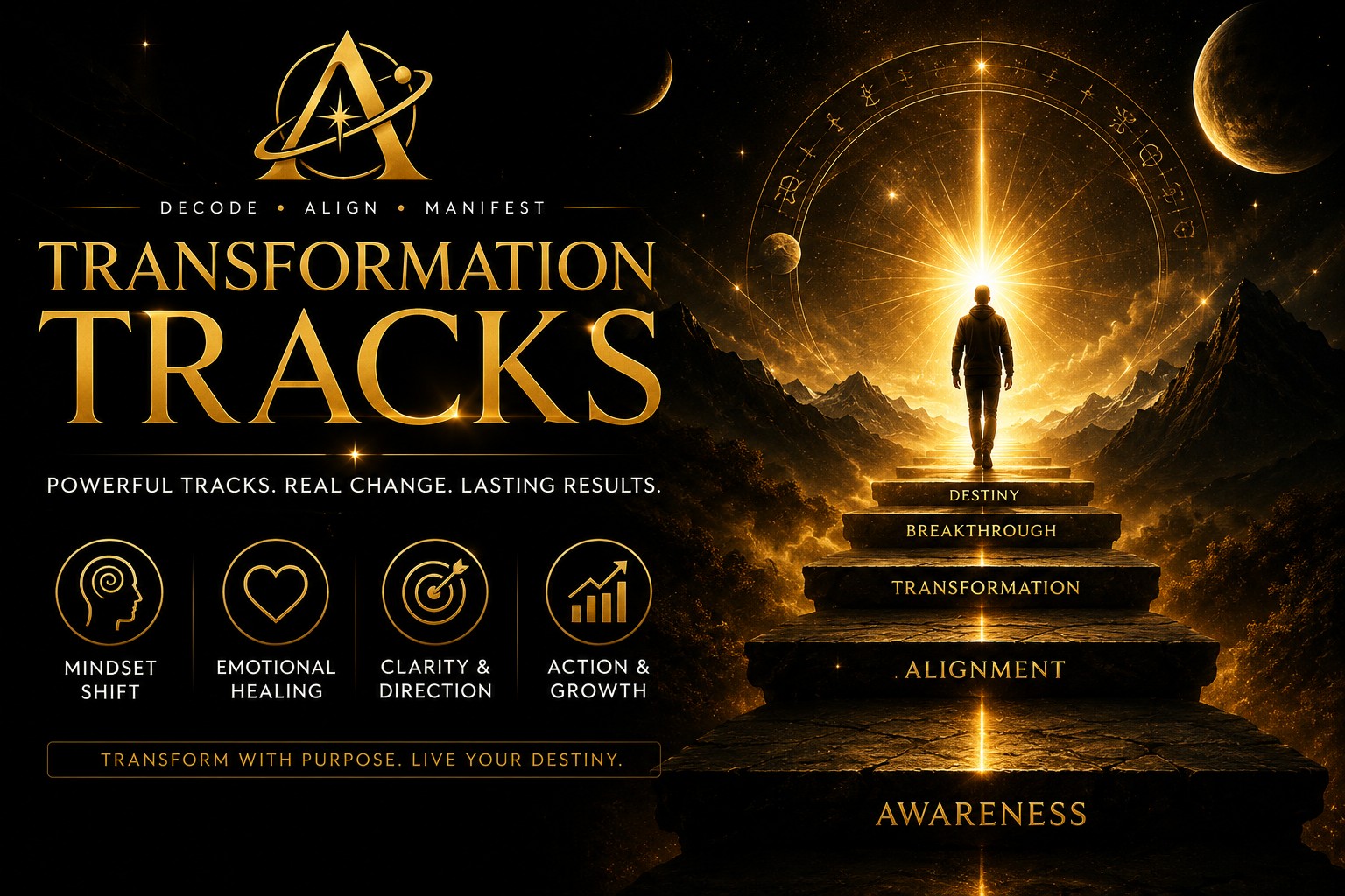 AstroPrinciple Transformation Tracks — guided personal transformation journey from awareness and alignment to breakthrough and destiny.