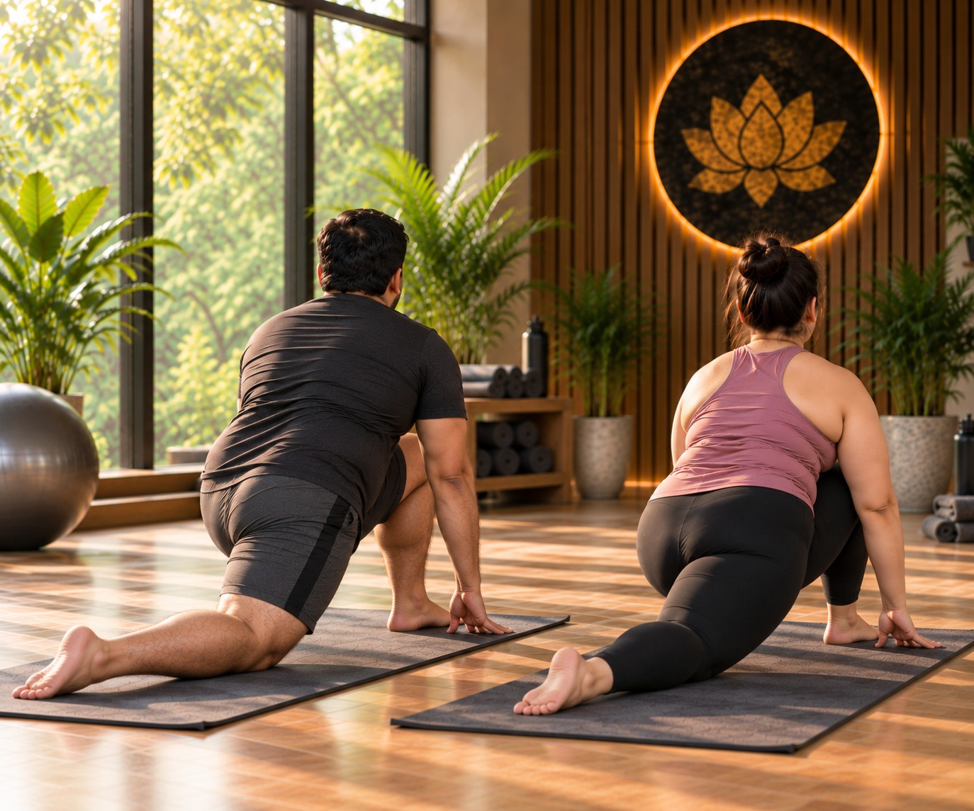 Couple practising Ashwa Sanchalanasana during AstroPrinciple Weight Loss Yoga