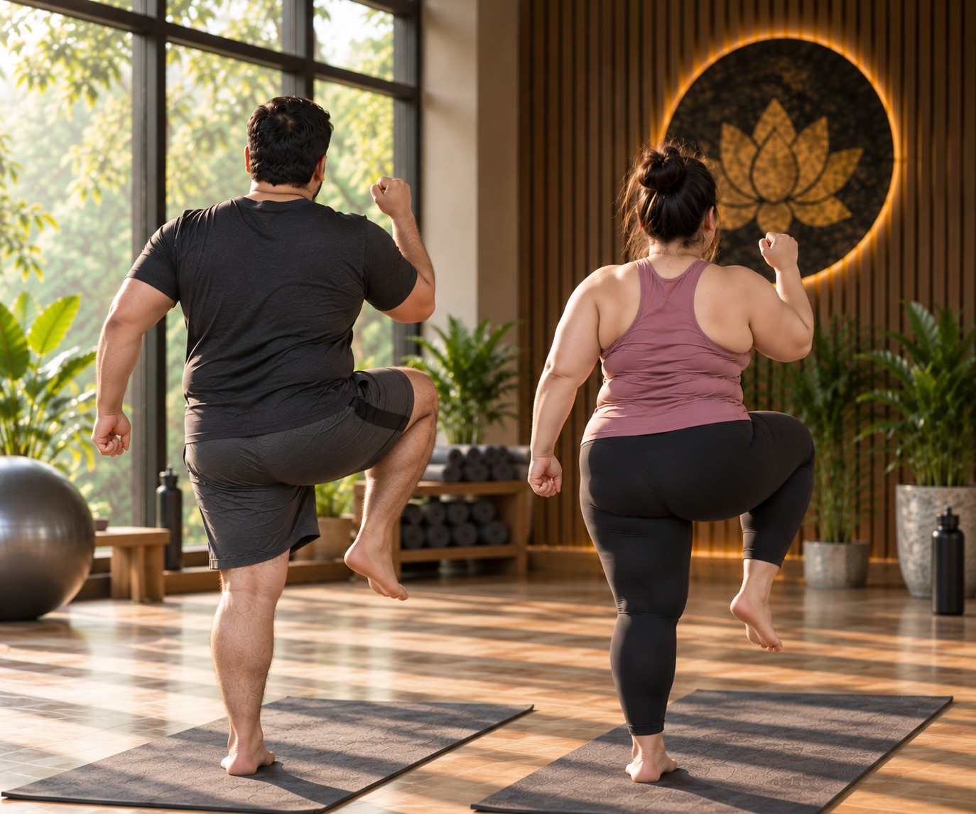 Plus-size couple performing controlled leg raise exercise during guided weight loss practice