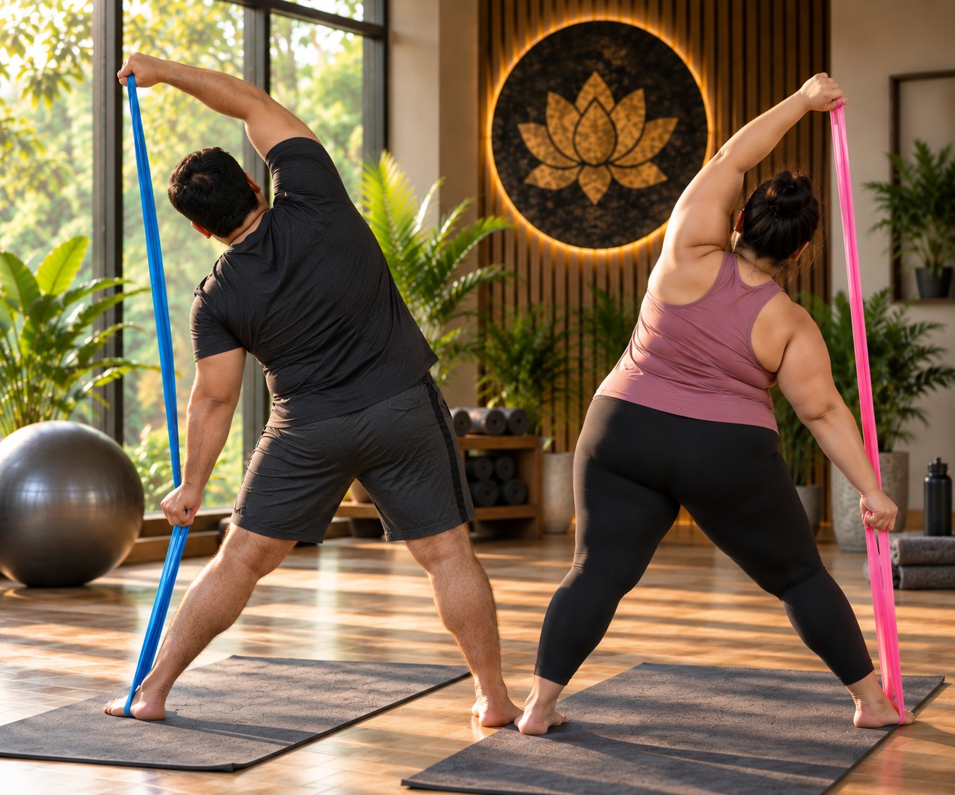 Couple using resistance band exercises during AstroPrinciple Weight Loss Yoga