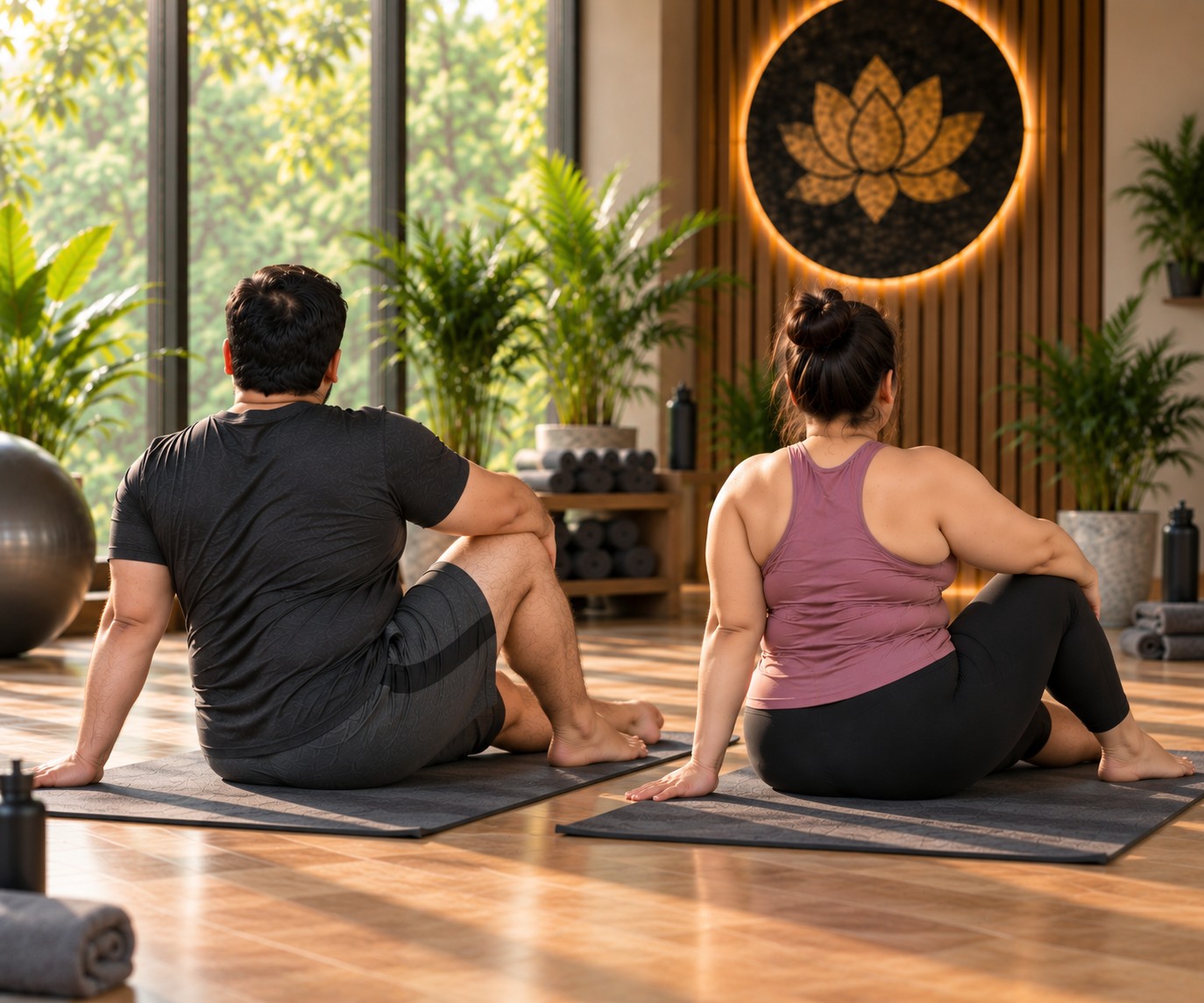 Plus-size couple performing seated twisting movement during weight loss practice