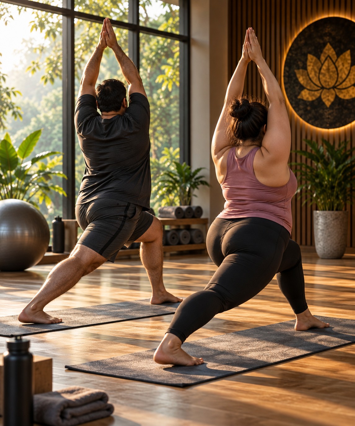 Couple practising yoga movements during AstroPrinciple Weight Loss Yoga