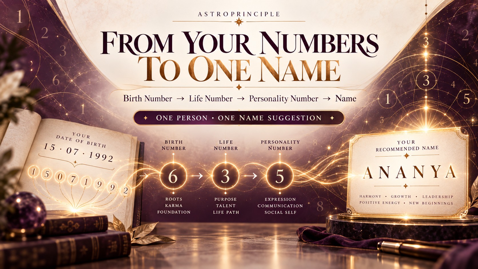 Personal numerology analysis connecting Birth Number, Life Number and Personality Number to one personalised name suggestion