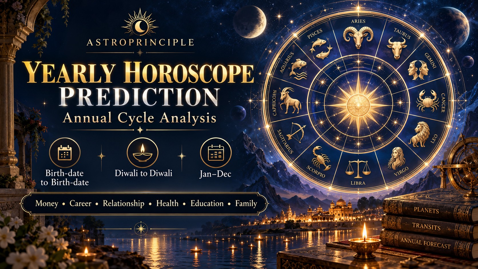 Yearly Horoscope Prediction annual cycle analysis for Birth-date to Birth-date, Diwali to Diwali and January to December
